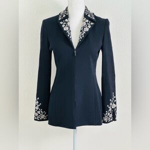 St. John Evening Knit Jacket With Embroidered Flowers on Collar & Cuffs Size 2